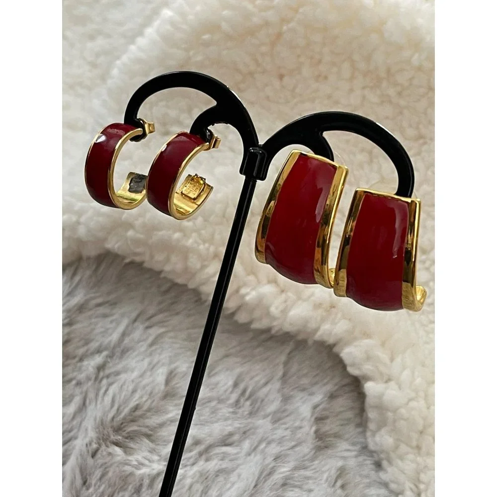 Vintage Avon Gold Tone Red Enamel Semi-Hoop Earrings - 2 Pairs - Picture 5 of 12
